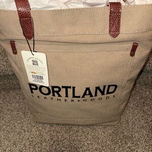 Portland Leather Tan Canvas Tote Brown Leather handles NWT